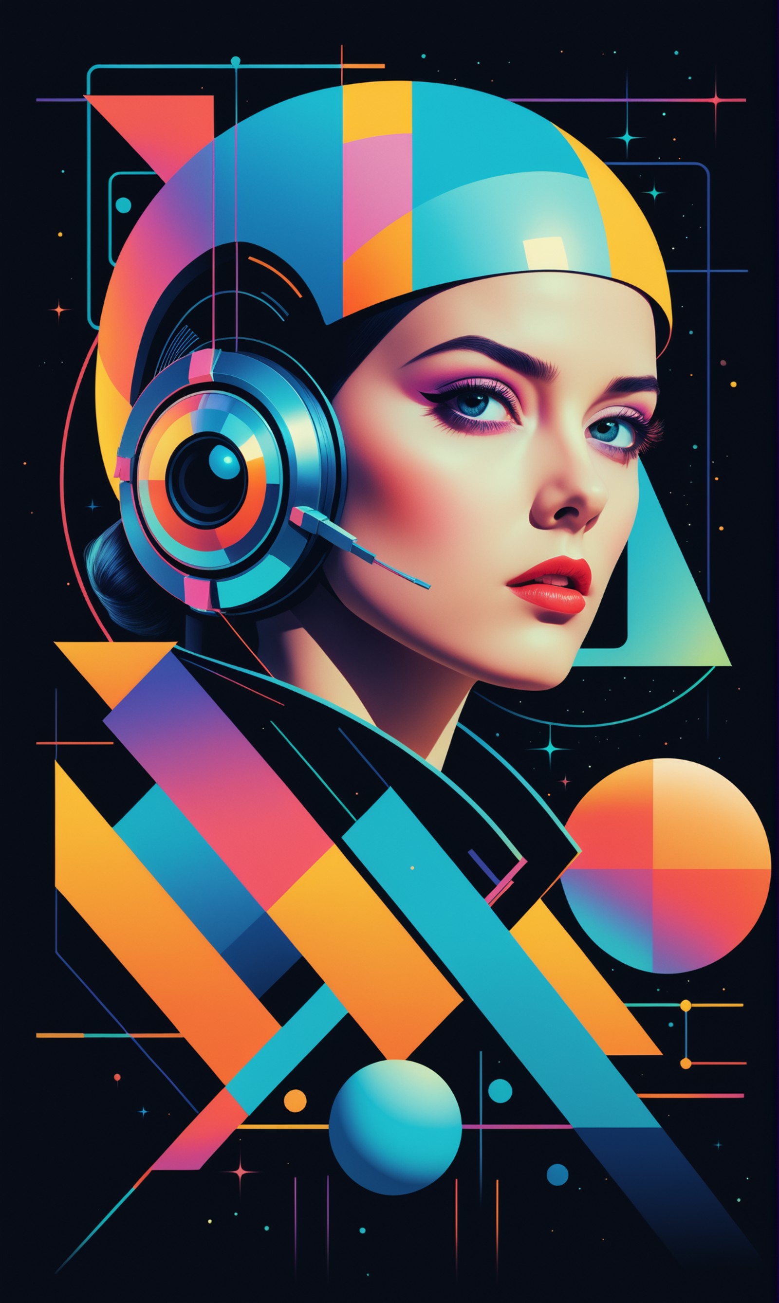 women, flat shading, bizarre technology, faded colors, faded bright colors, cyber-inspired typography, futuristic imagery,...